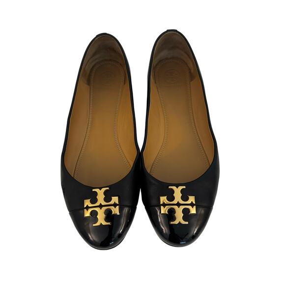 Tory Burch Double TLogo Everly Ballet Flats Leather Cap Toe Black Shoes 9 - Picture 1 of 12